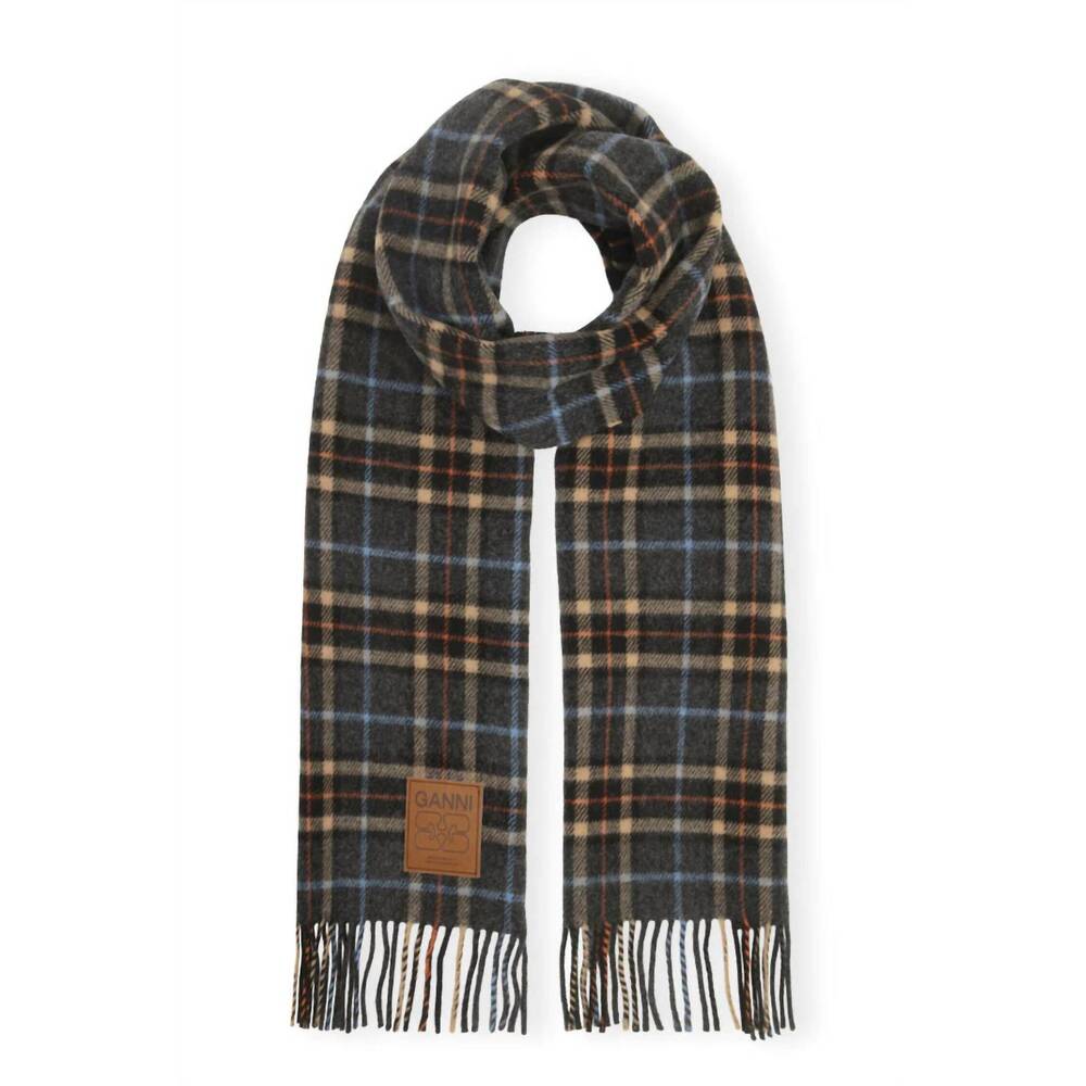 NEW GANNI women's double face wool check scarf in grey
